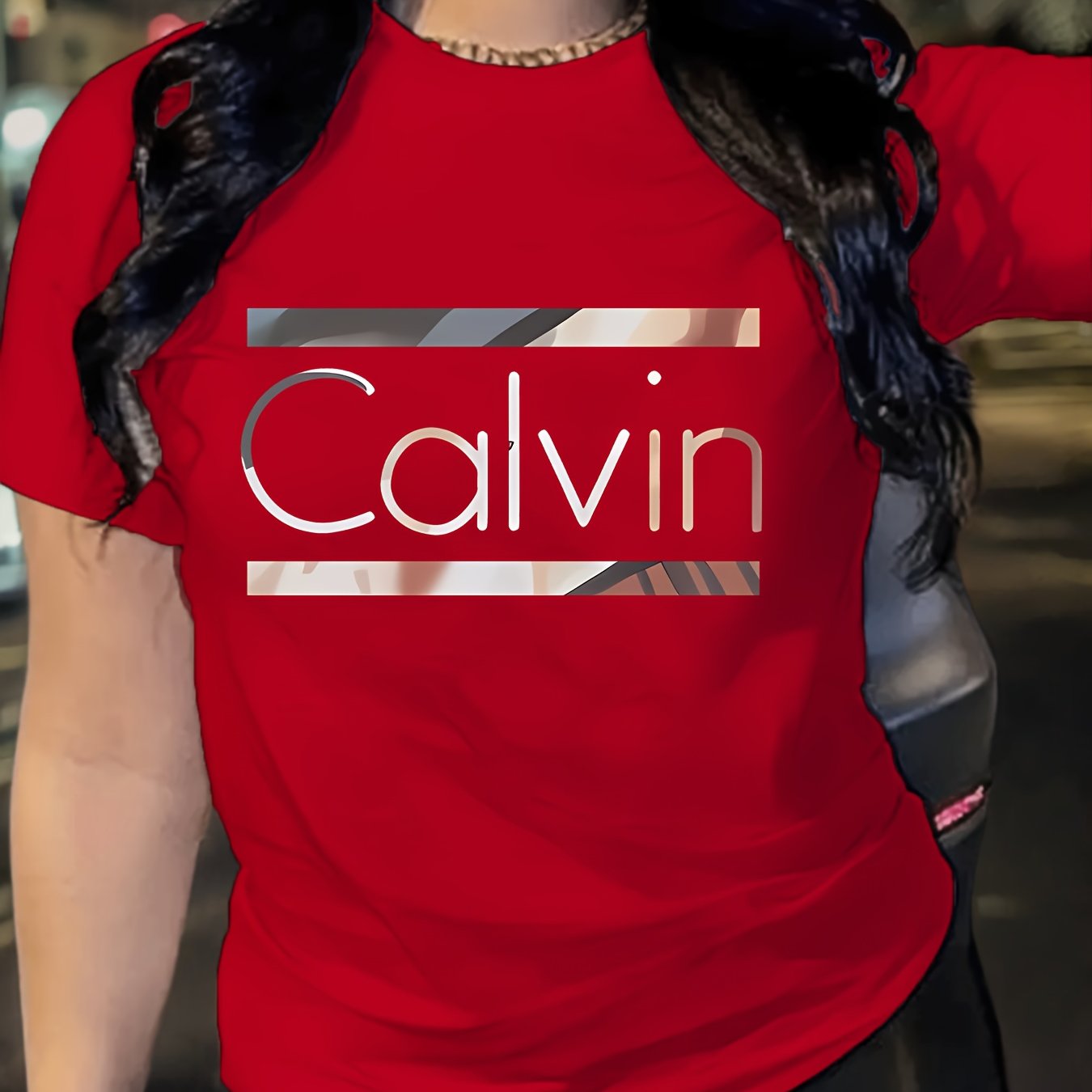 1pc Calvin Women's Graphic Tee - Soft Polyester Spandex Blend, Casual Crew Neck Short Sleeve Top in Black with Stylish Letter Print, Comfortable Casual Attire, Everyday Apparel | Trendy Casual Style | Stretchable Top